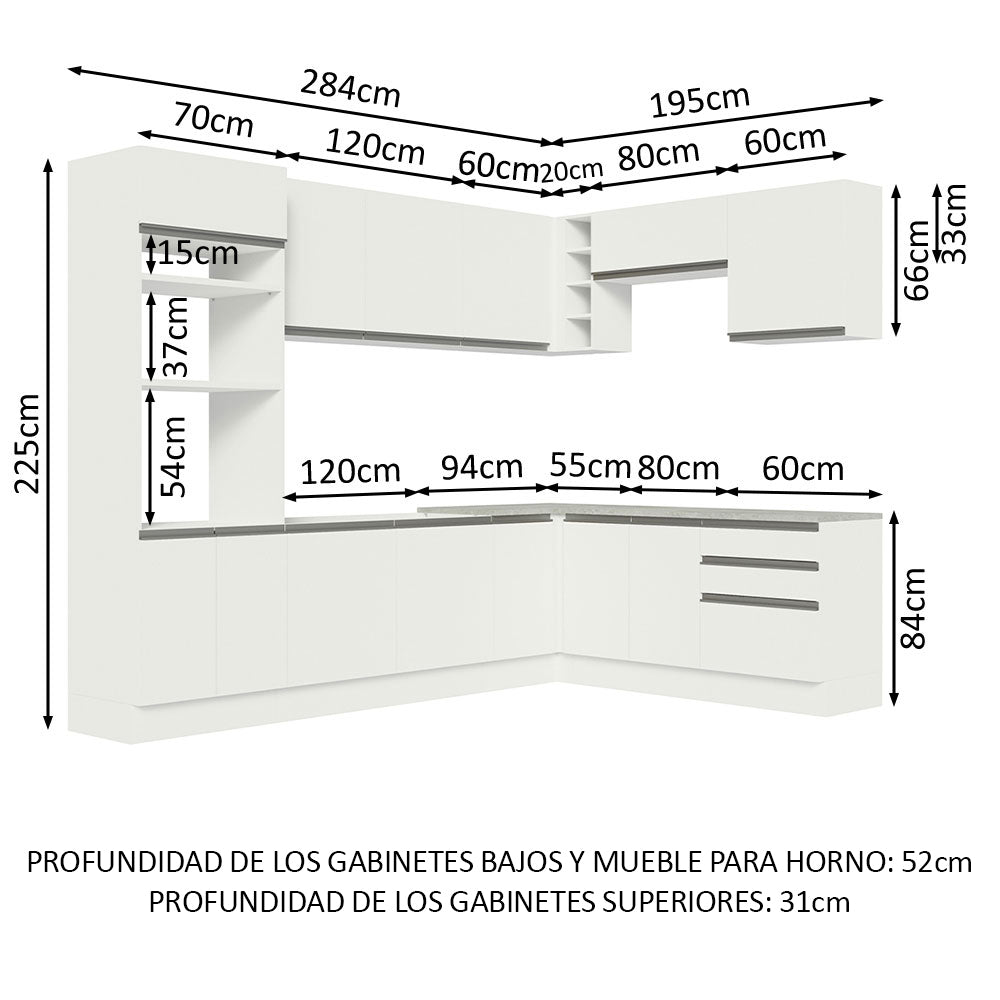 Combo completo de Cocina Esquinera 479 cm 13 Puertas 3 Cajones Sin Mesada Blanco Glamy Madesa