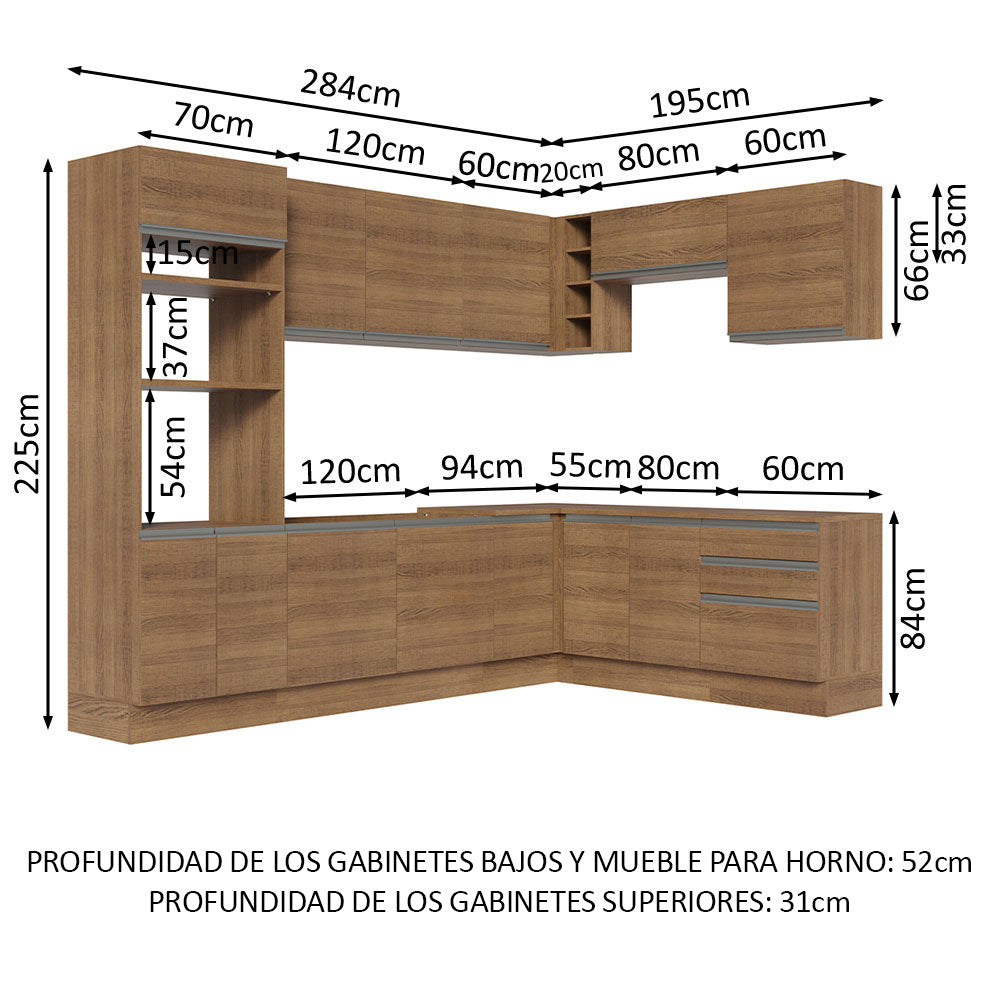 Combo completo de Cocina Esquinera 479 cm 13 Puertas 3 Cajones Sin Mesada Marrón Glamy Madesa