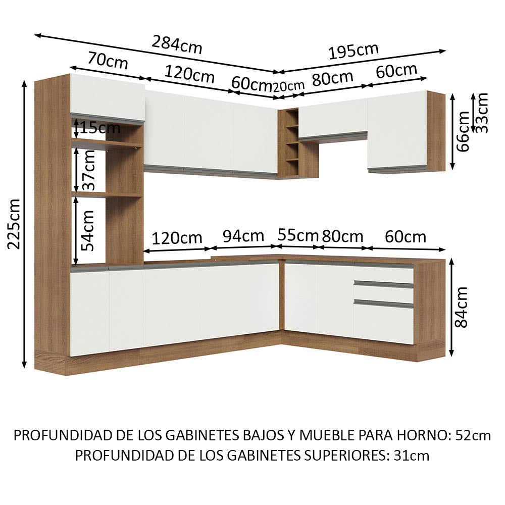 Combo completo de Cocina Esquinera 479 cm 13 Puertas 3 Cajones Sin Mesada Marrón/Blanco Glamy Madesa