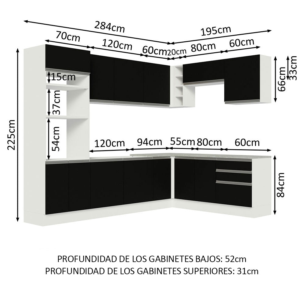 Combo completo de Cocina Esquinera 479 cm 13 Puertas 3 Cajones Sin Mesada Blanco/Negro Glamy Madesa