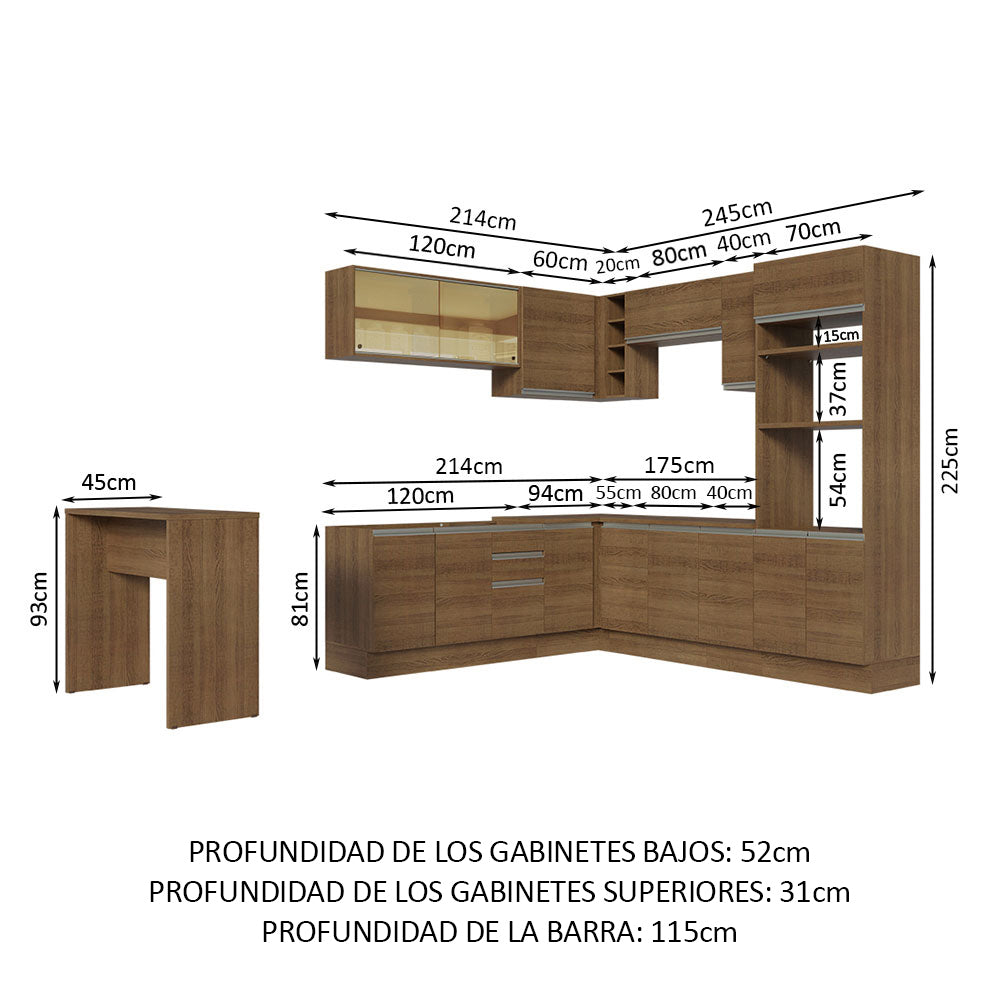 Combo completo de Cocina Esquinera 504 cm 14 Puertas 3 Cajones Sin Mesada Marrón Glamy Madesa