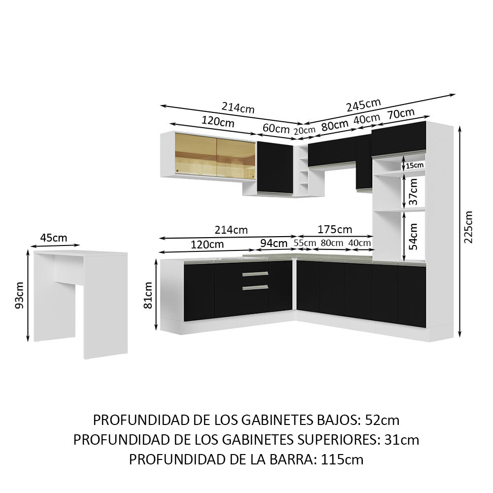Combo completo de Cocina Esquinera 504 cm 14 Puertas 3 Cajones Sin Mesada Blanco/Negro Glamy Madesa