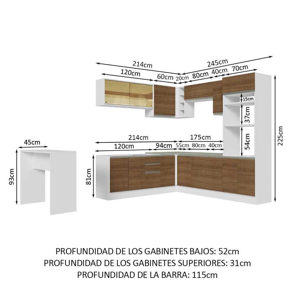 Combo completo de Cocina Esquinera 504 cm 14 Puertas 3 Cajones Sin Mesada Blanco/Marrón Glamy Madesa