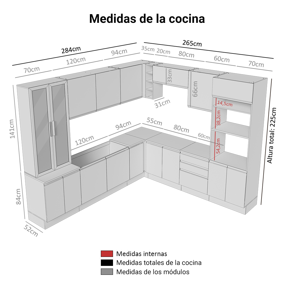 Combo completo de Cocina Esquinera 549 cm con Cristalero 17 Puertas 3 Cajones Sin Mesada Blanco/Marrón Glamy Madesa