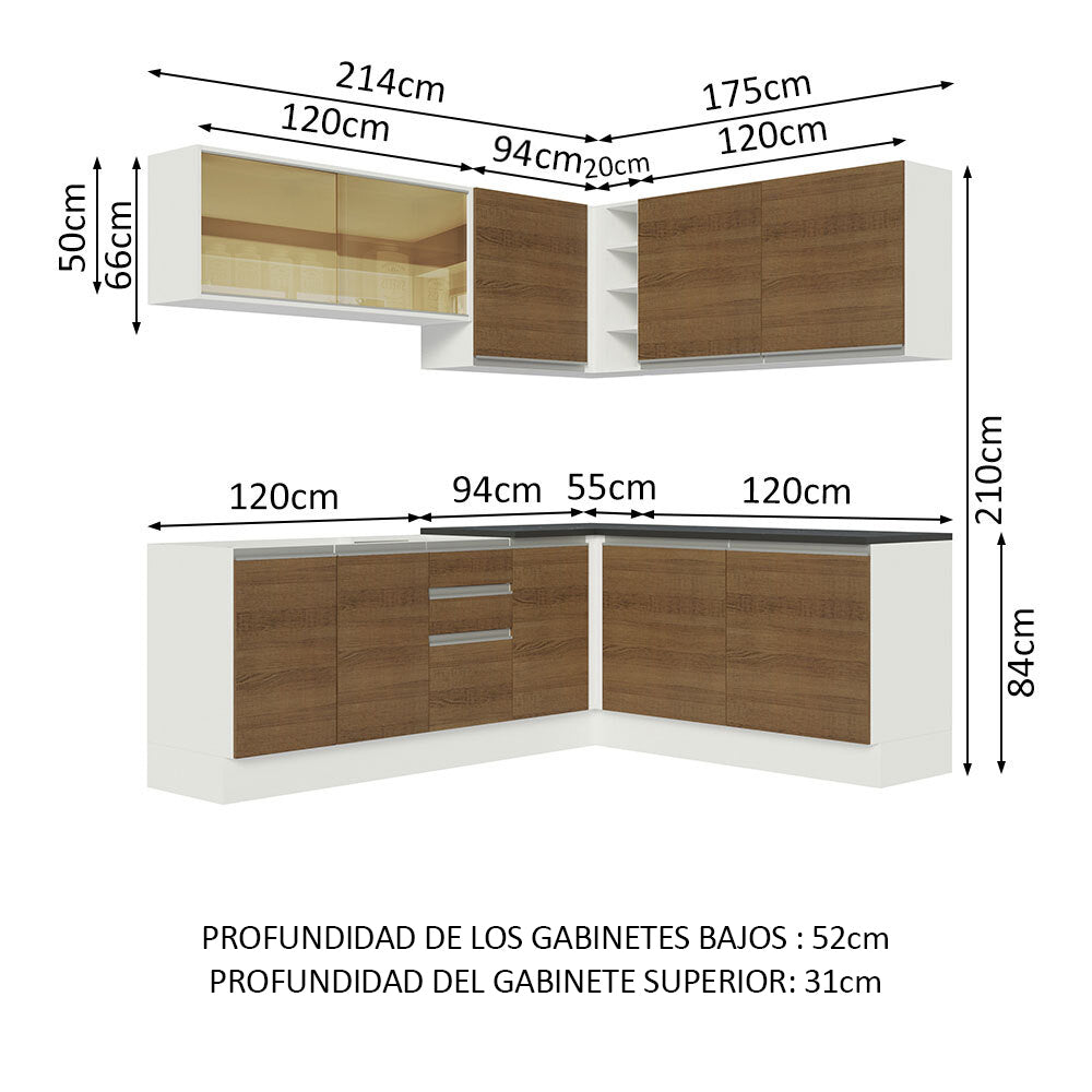 Combo Completo de Cocina Esquinera 100% MDF 389 cm Blanco/Marrón Acordes Madesa 02