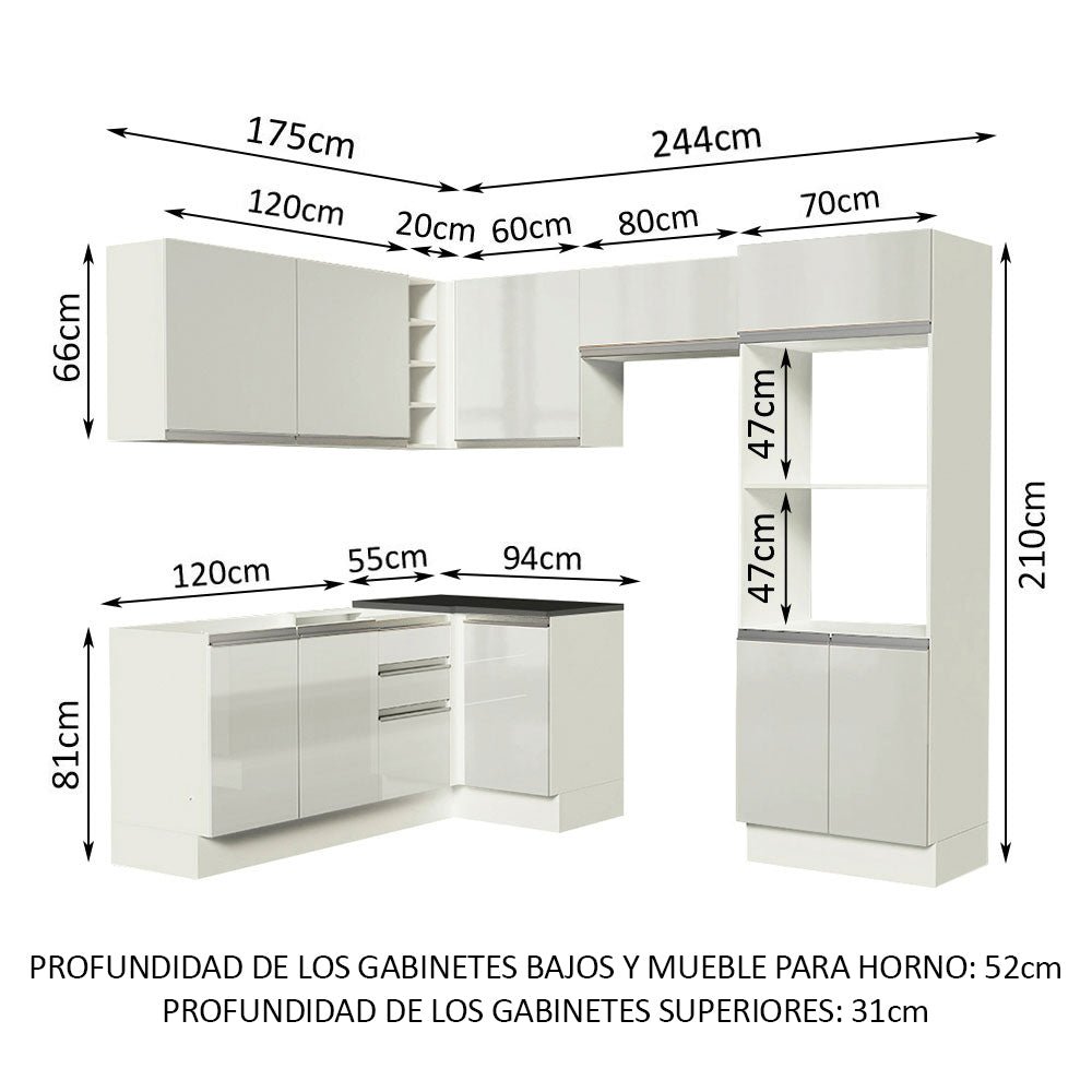 Combo Completo de Cocina Esquinera 100% MDF 419 cm Frentes Blanco Brillante Acordes Madesa 01