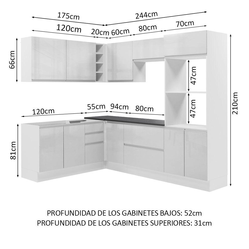 Combo Completo de Cocina Esquinera 100% MDF 419 cm Frentes Blanco Brillante Acordes Madesa 03