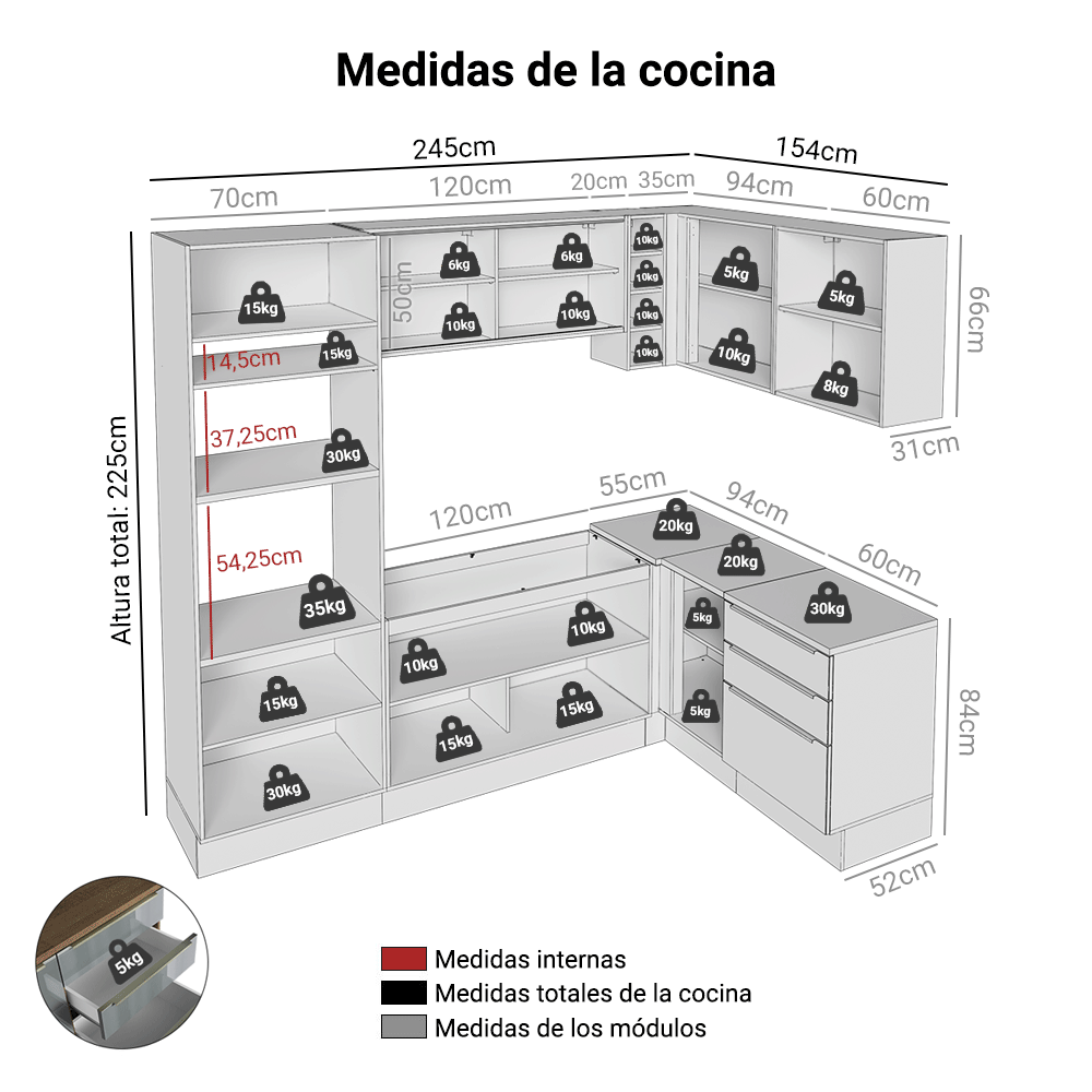 Combo completo de Cocina Esquinero 399 cm Marrón/Gris Lux Madesa 01