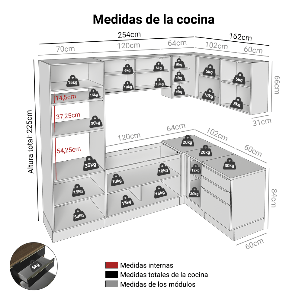 Combo completo de Cocina Esquinero 416 x 60 cm Marrón/Negro Lux Madesa 01
