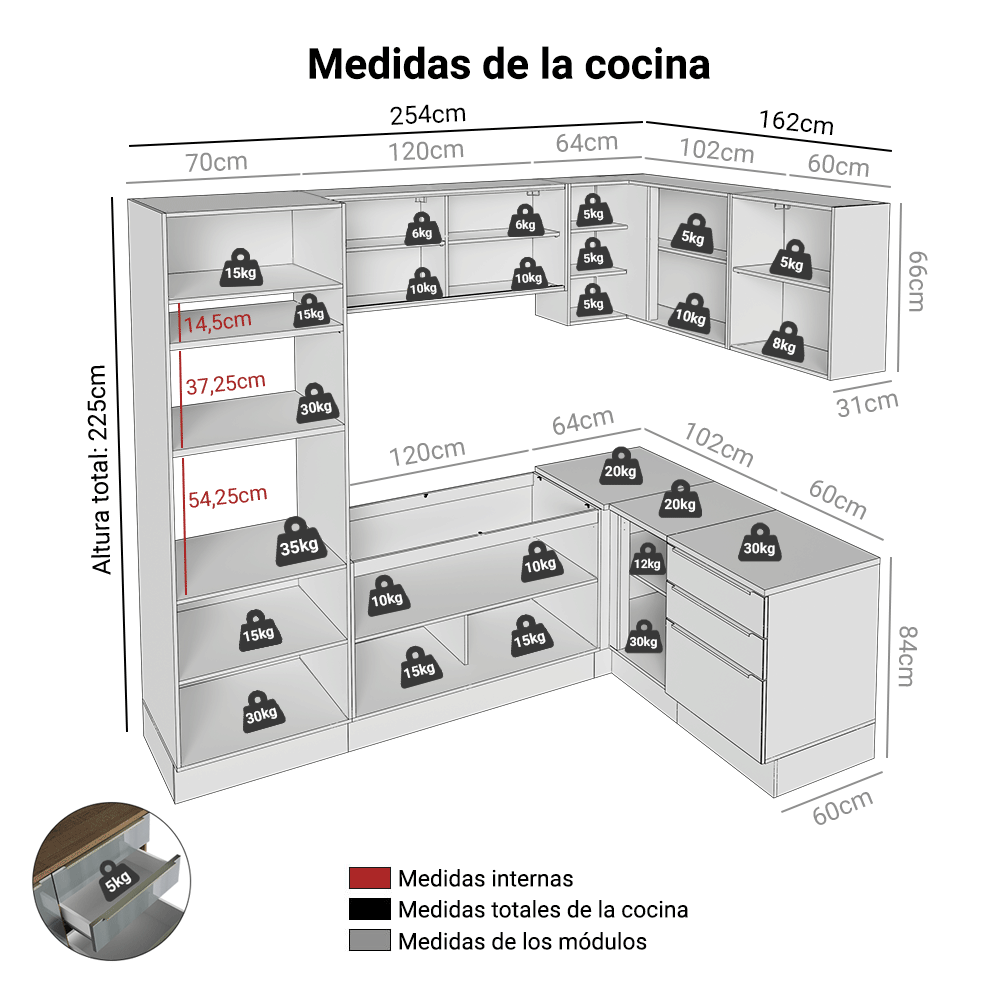 Combo completo de Cocina Esquinero 416 x 60 cm Marrón/Gris Lux Madesa 01