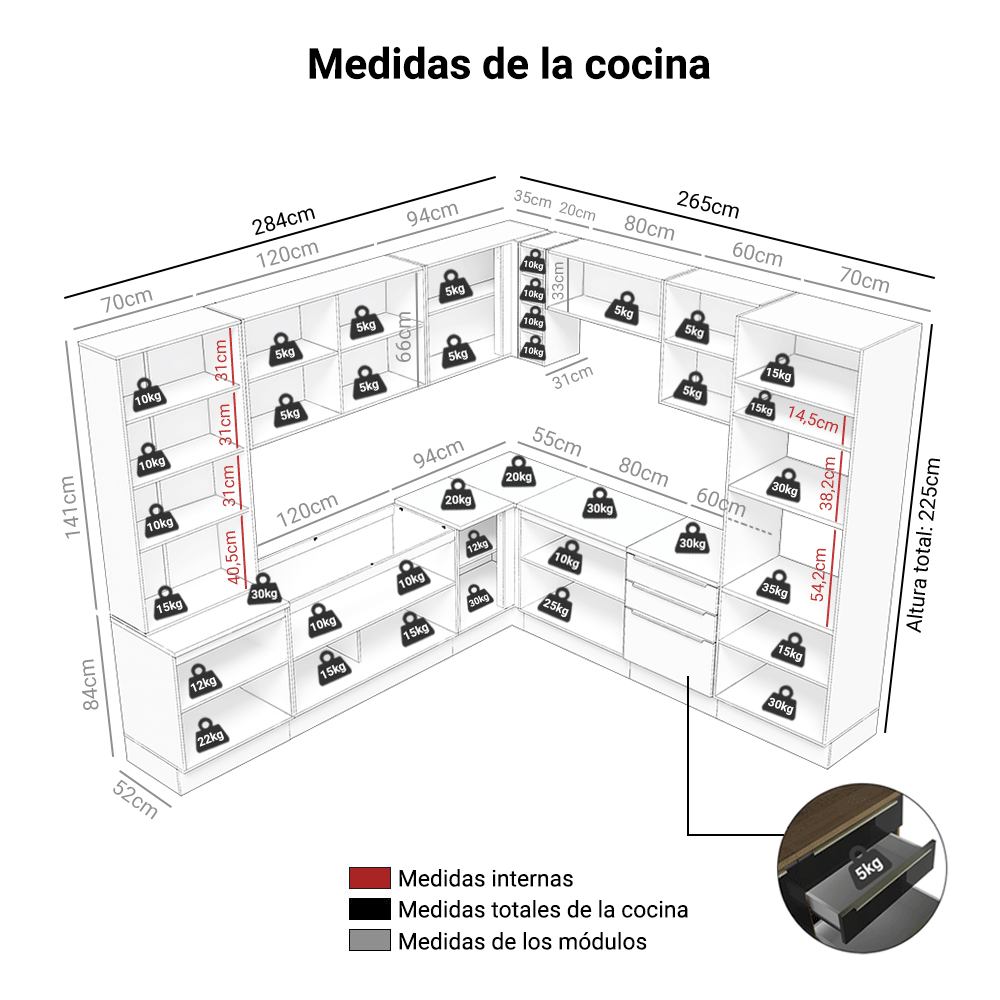 Combo completo de Cocina Esquinero 549 cm Blanco/Negro Lux Madesa 01