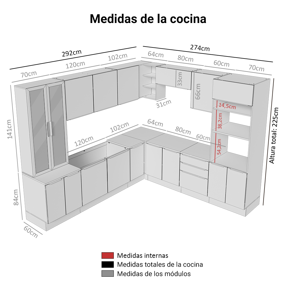 Combo completo de Cocina Esquinera con Cristalero 566 cm Madesa Veludo Lux BB 01