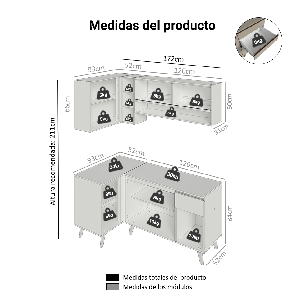 Combo de Cocina Esquinero 265 cm Con Patas Nice Crema 02
