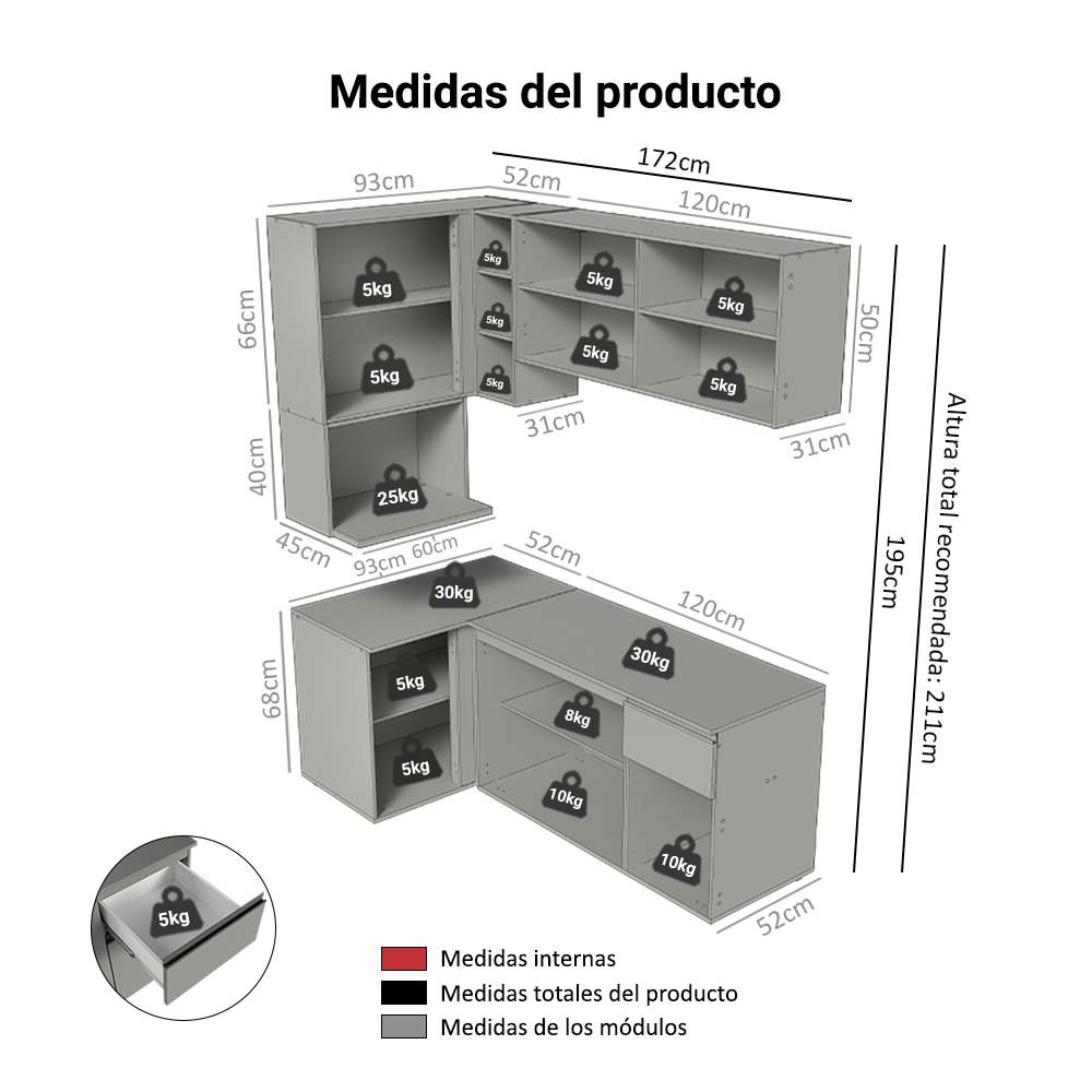 Combo completo de Cocina Esquinera Flotante 265 cm 7 Puertas 1 Cajón Gris Nice Madesa