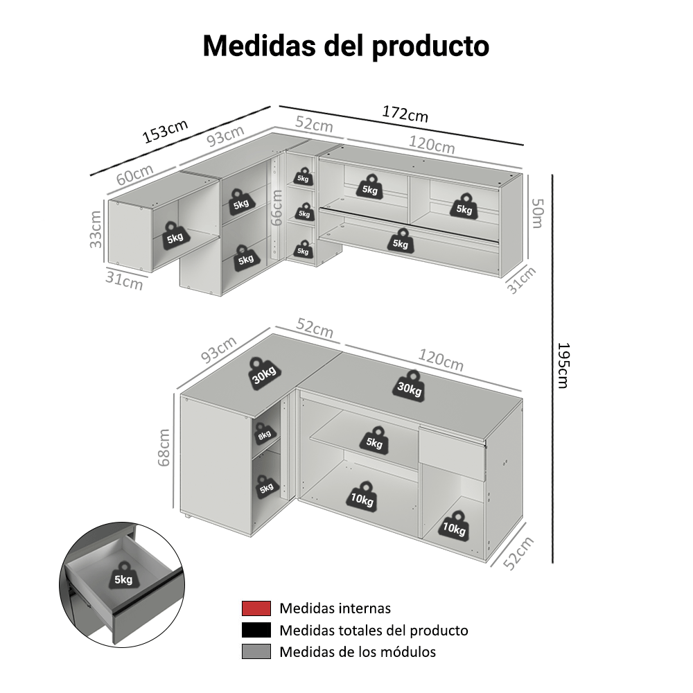 Combo completo de Cocina Esquinera Flotante 325cm Gris Nice Madesa 02