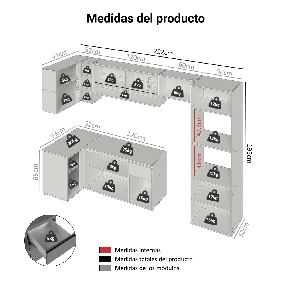 Combo completo de Cocina Esquinera Flotante 385cm Gris Nice Madesa 01