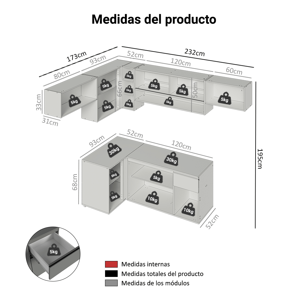 Combo completo de Cocina Esquinera Flotante 405cm Gris Nice Madesa 03