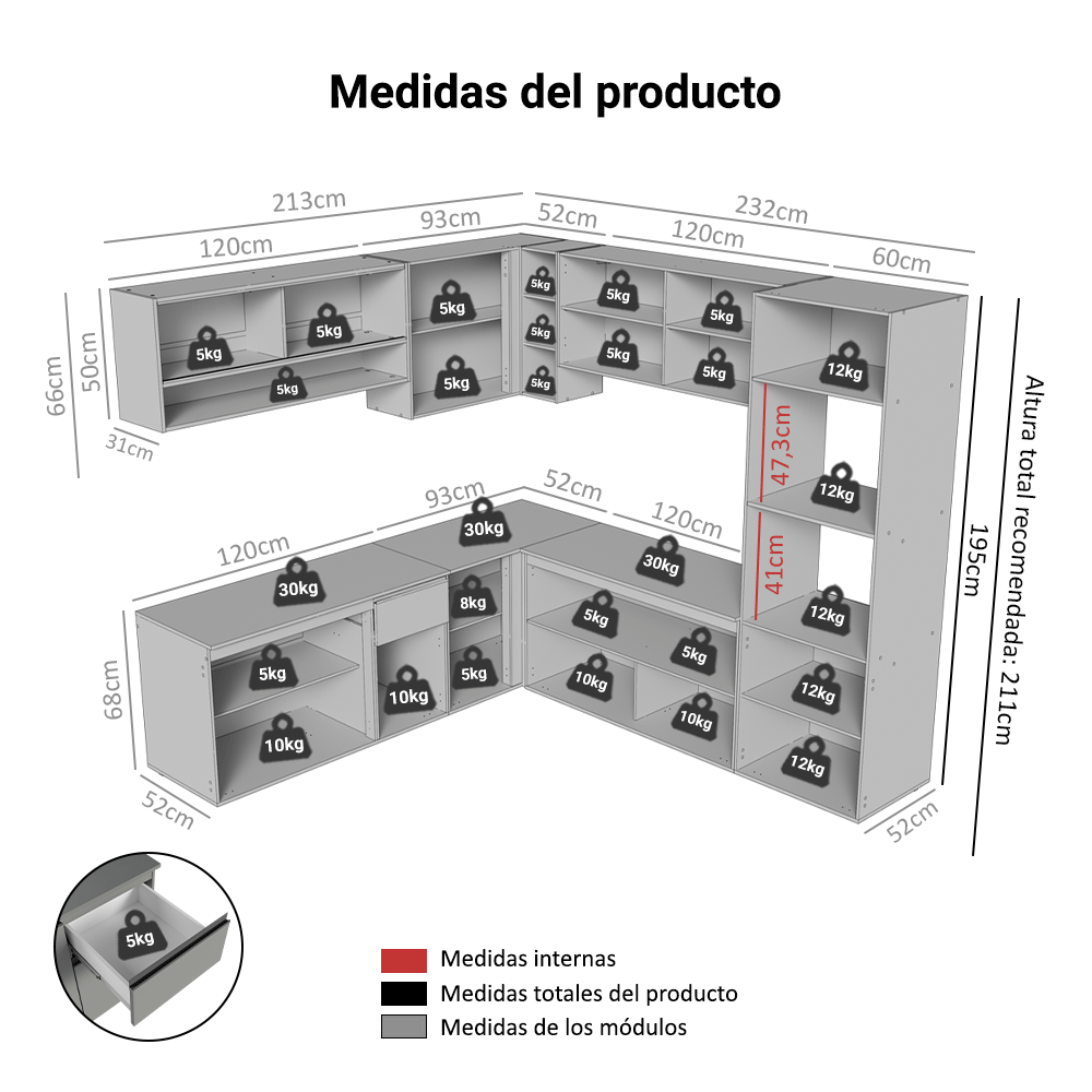 Combo completo de Cocina Esquinera 445 cm Flotante Gris, Nice 03