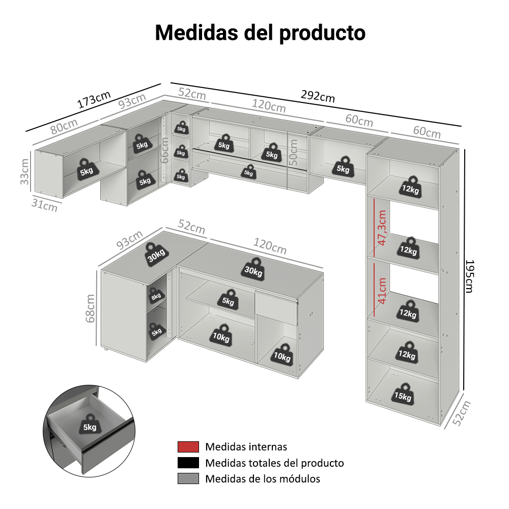 Combo completo de Cocina Esquinera Flotante 465cm Gris Nice Madesa 07