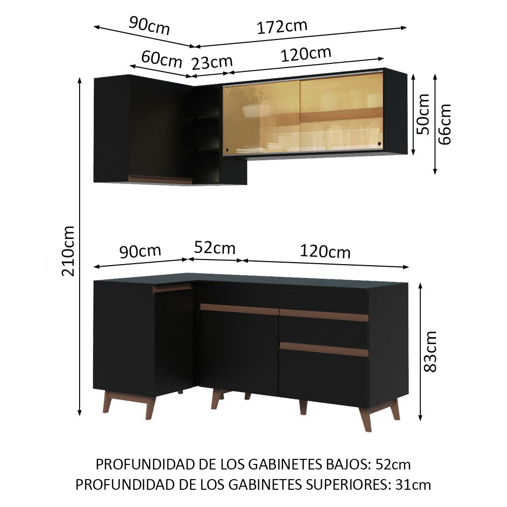 Combo completo de Cocina Esquinera 262 cm 6 Puertas 1 Cajón Negro Reims Madesa