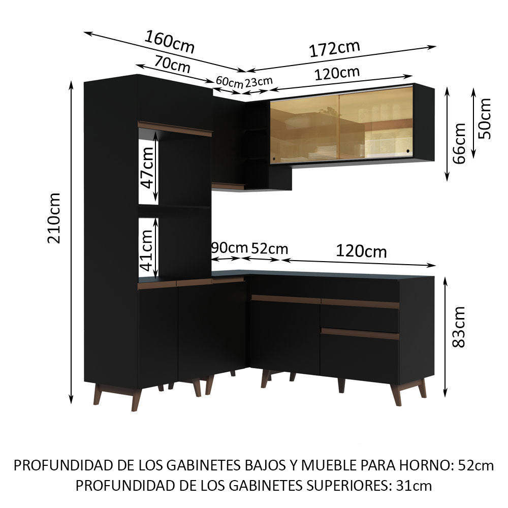 Combo completo de Cocina Esquinera 332 cm 9 Puertas 1 Cajón Negro Reims Madesa
