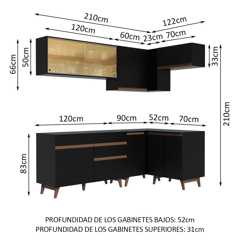 Combo completo de Cocina Esquinera 332 cm 9 Puertas 1 Cajón Negro Reims Madesa