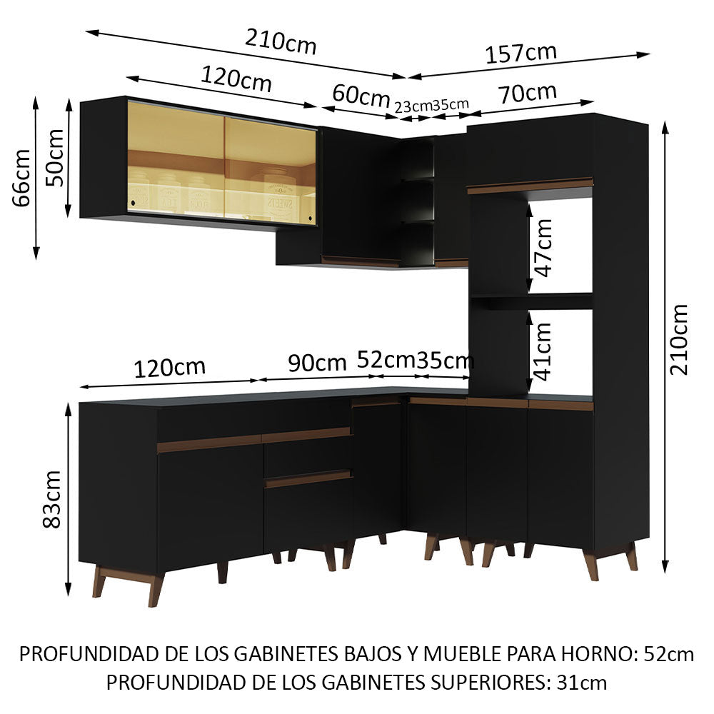 Combo completo de Cocina Esquinera 367 cm 11 Puertas 1 Cajón Negro Reims Madesa