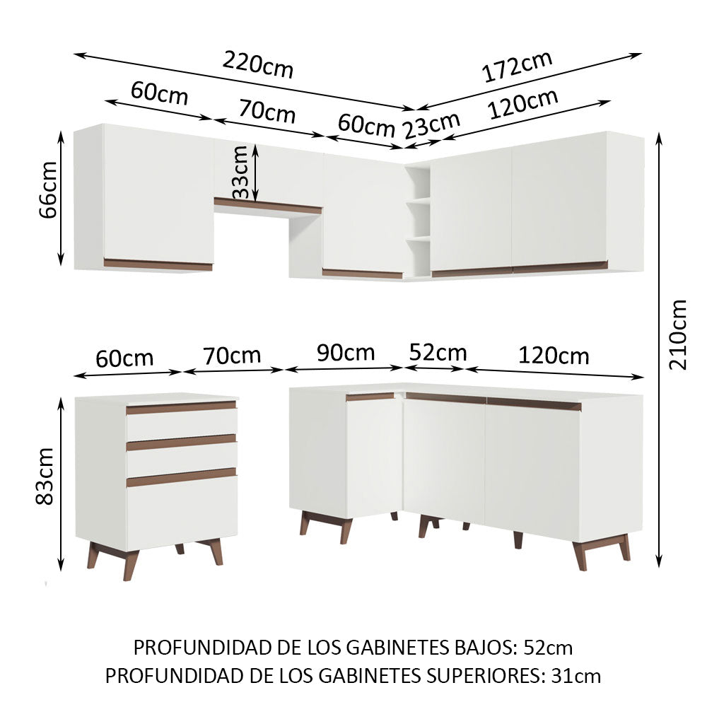 Combo completo de Cocina Esquinera 392 cm 8 Puertas 3 Cajones Blanco Reims Madesa