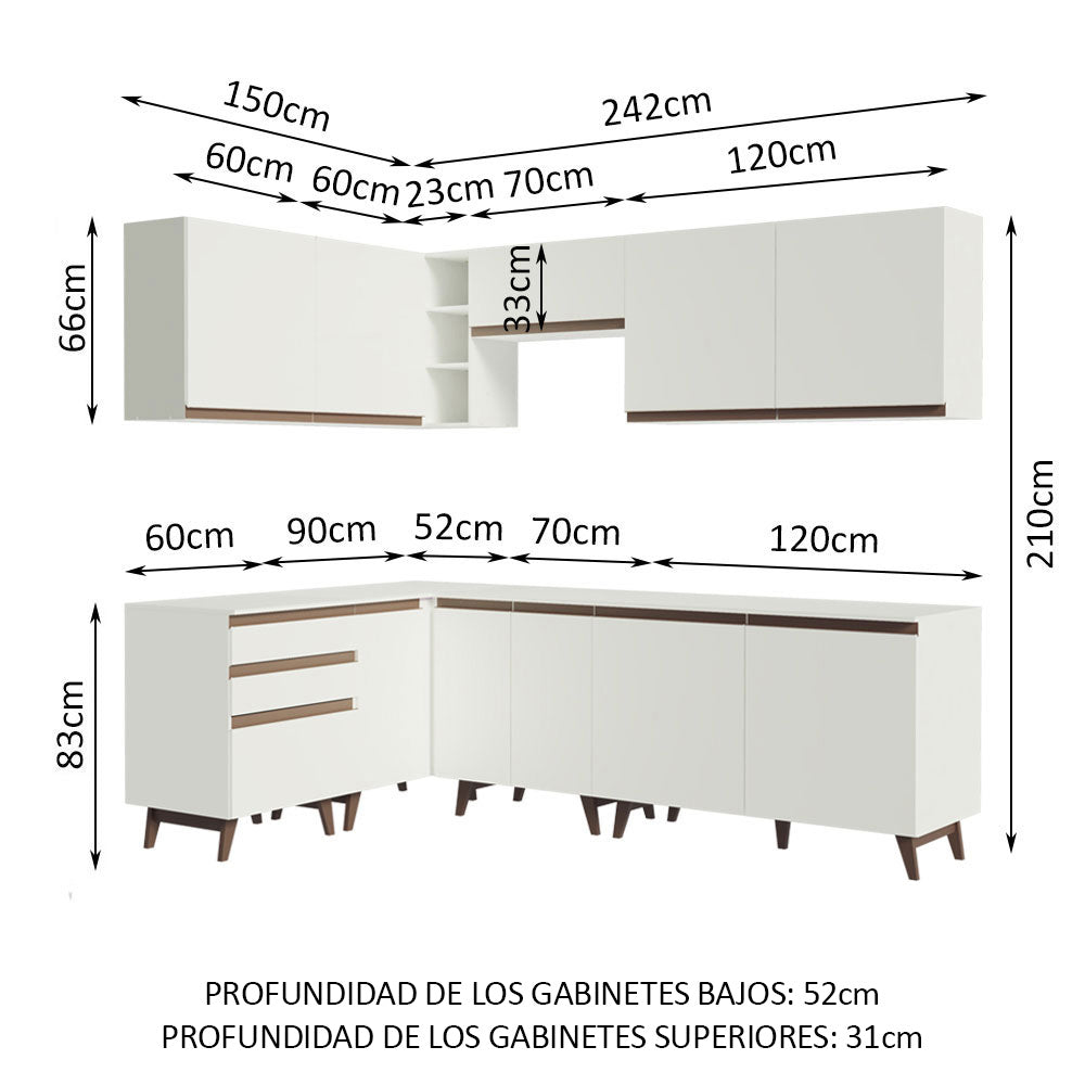 Combo completo de Cocina Esquinera 392 cm 10 Puertas 3 Cajones Blanco Reims Madesa
