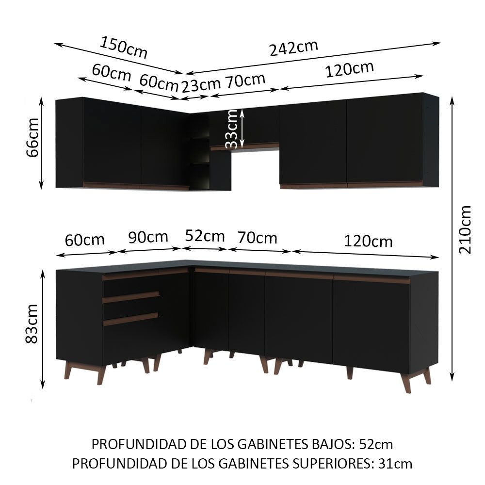 Combo completo de Cocina Esquinera 392 cm 10 Puertas 3 Cajones Negro Reims Madesa