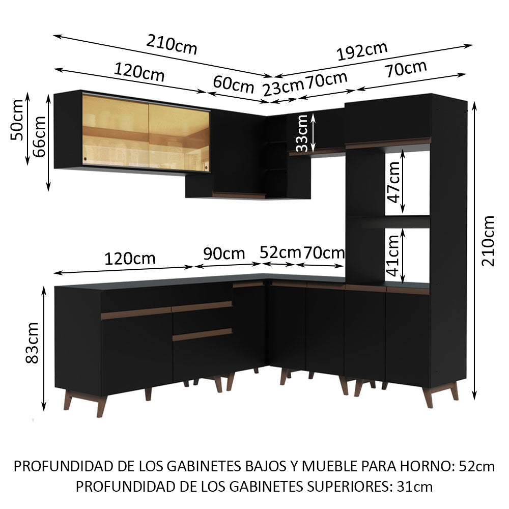Combo completo de Cocina Esquinera 402 cm 12 Puertas 1 Cajón Negro Reims Madesa