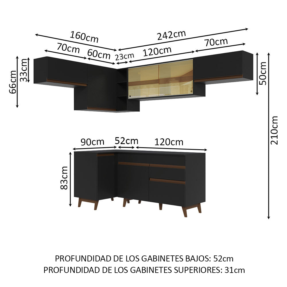 Combo completo de Cocina Esquinera 402 cm 8 Puertas 1 Cajón Negro Reims Madesa