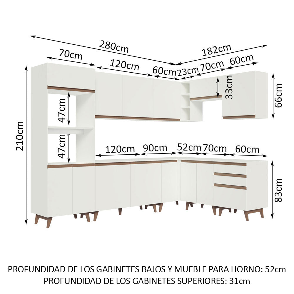 Combo completo de Cocina Esquinera 462 cm 13 Puertas 3 Cajones Blanco Reims Madesa