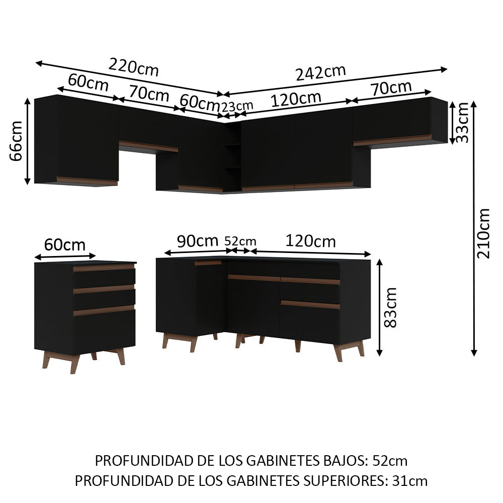 Combo completo de Cocina Esquinera 462 cm 9 Puertas 4 Cajones Negro Reims Madesa