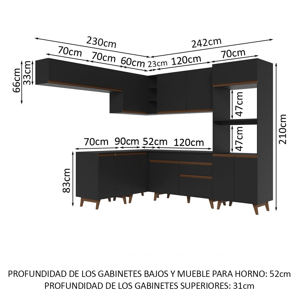 Combo completo de Cocina Esquinera 472 cm 13 Puertas 1 Cajón Negro Reims Madesa