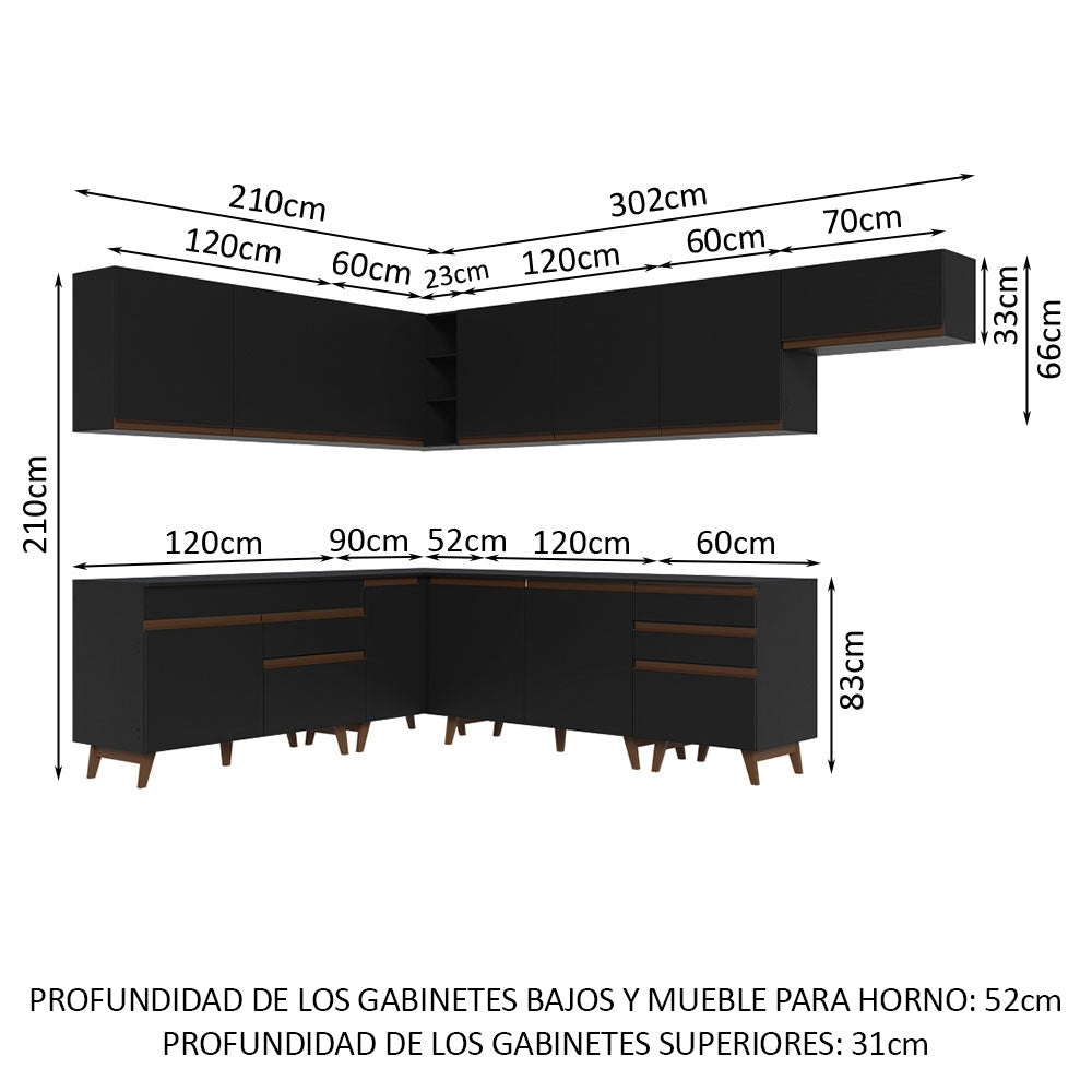 Combo completo de Cocina Esquinera 512 cm 12 Puertas 4 Cajones Negro Reims Madesa