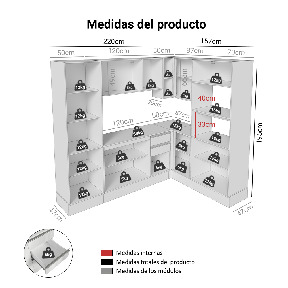 Combo Completo de Cocina Esquinera 100% MDF 377 cm Smart Blanco Brilhante Madesa 01