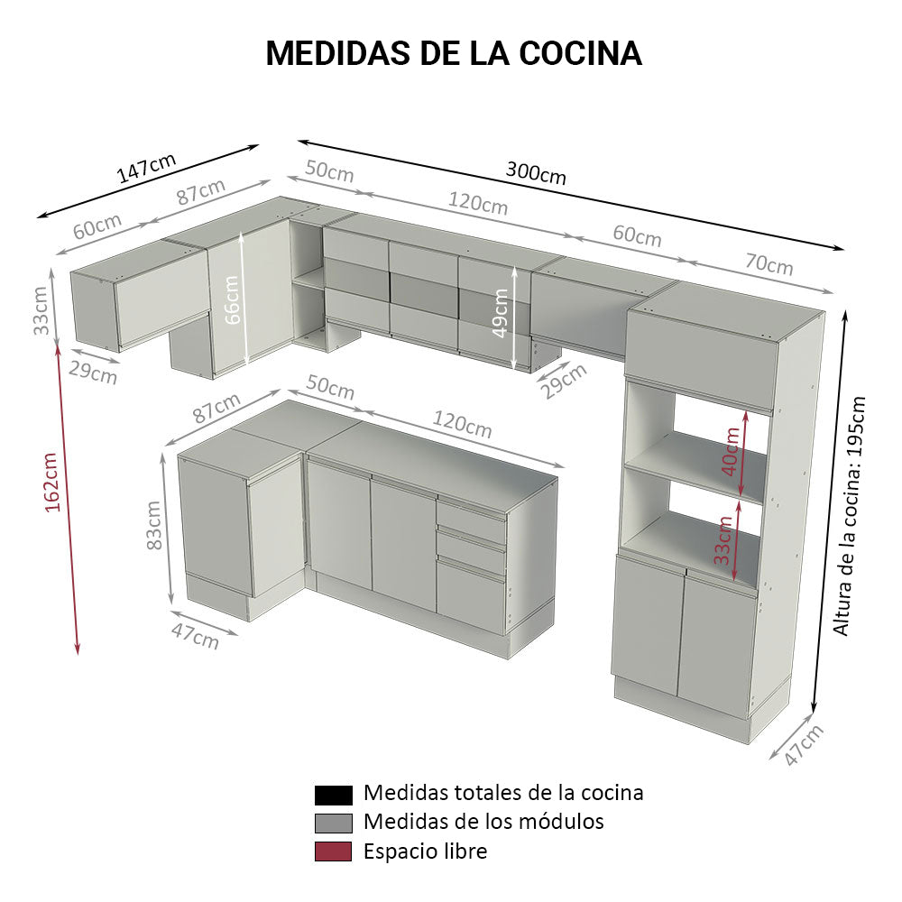 Combo completo de Cocina Esquinera Smart 100% MDF 447 cm 18 Puertas 2 Cajones (Con Mesada) Blanco Madesa