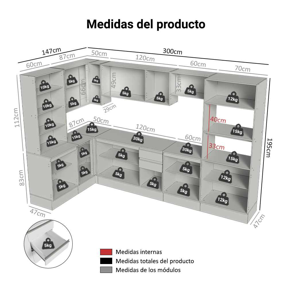 Combo completo de Cocina Esquinero 100% MDF 447 cm Blanco Smart Madesa 02