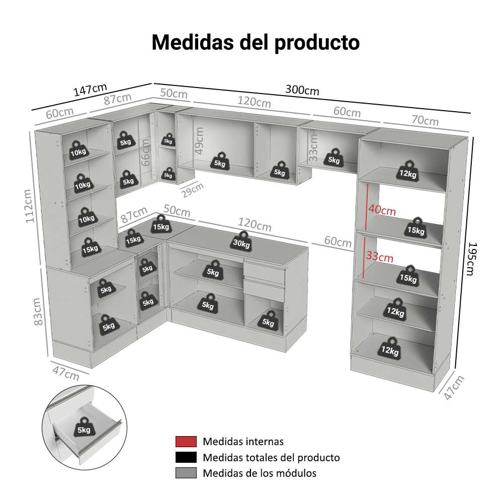 Combo completo de Cocina Esquinera 447 cm 100% MDF Blanco Smart Madesa