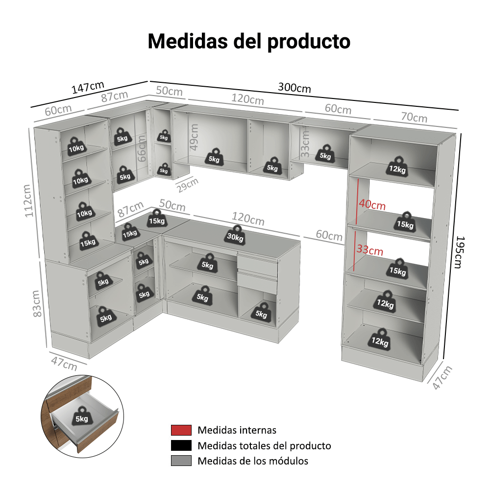 Combo completo de Cocina Esquinera 447 cm 100% MDF Blanco/Marrón/Crema Smart Madesa