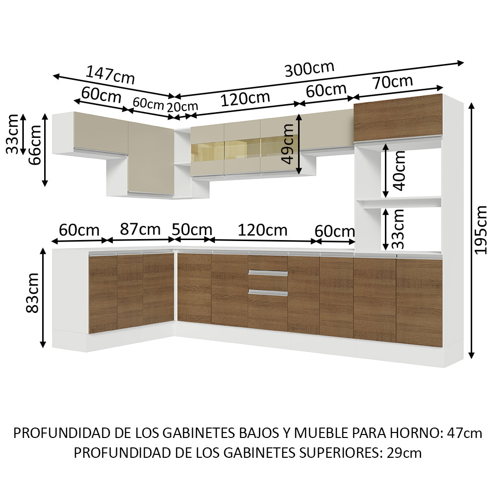 Combo Completo de Cocina Esquinera 100% MDF 447 cm Blanco/Marrón/Crema Smart Madesa 02