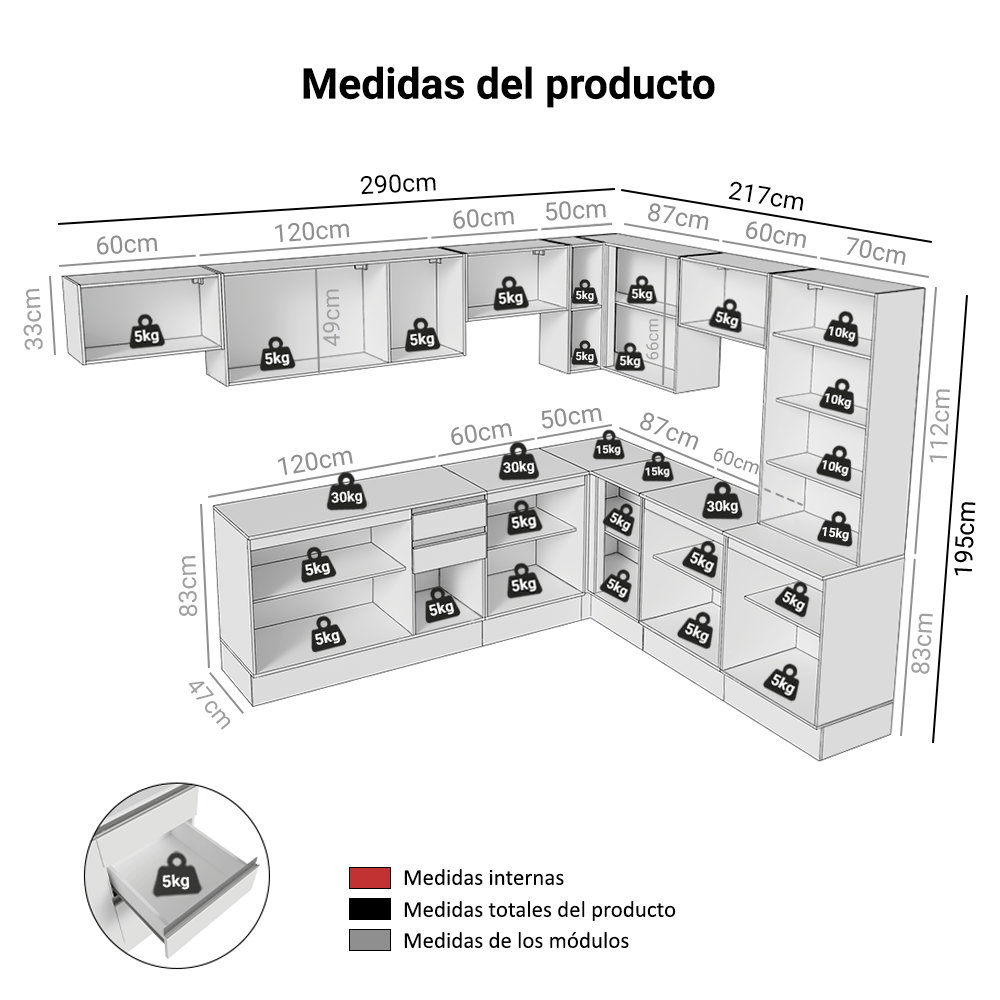 Combo completo de Cocina Esquinero 507 cm Blanco Smart 100% MDF Madesa 01