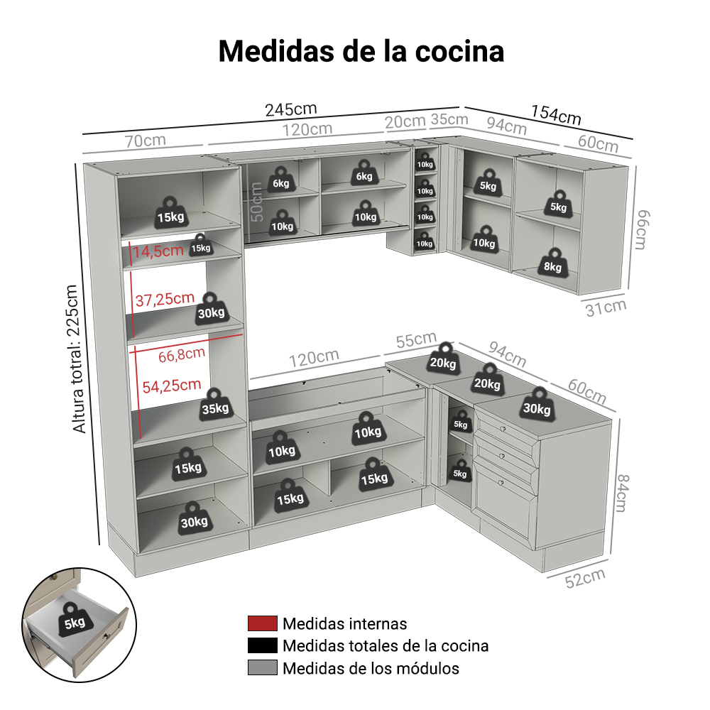 Combo completo de Cocina Esquinero 399 cm Blanco/Crema Vik Madesa 01
