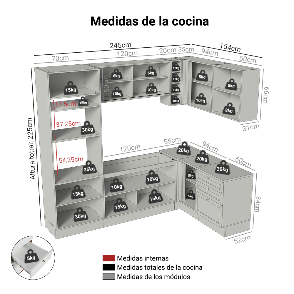 Combo completo de Cocina Esquinera 399 cm 10 Puertas 3 Cajones Sin Mesada Marrón/Blanco Vik Madesa