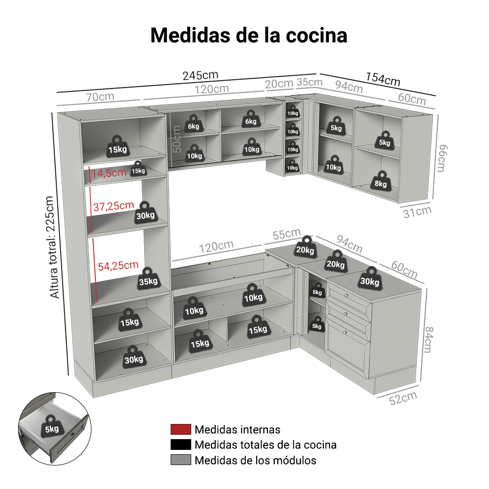Cocina Esquinera 399 cm Vik Blanco/Gris 01