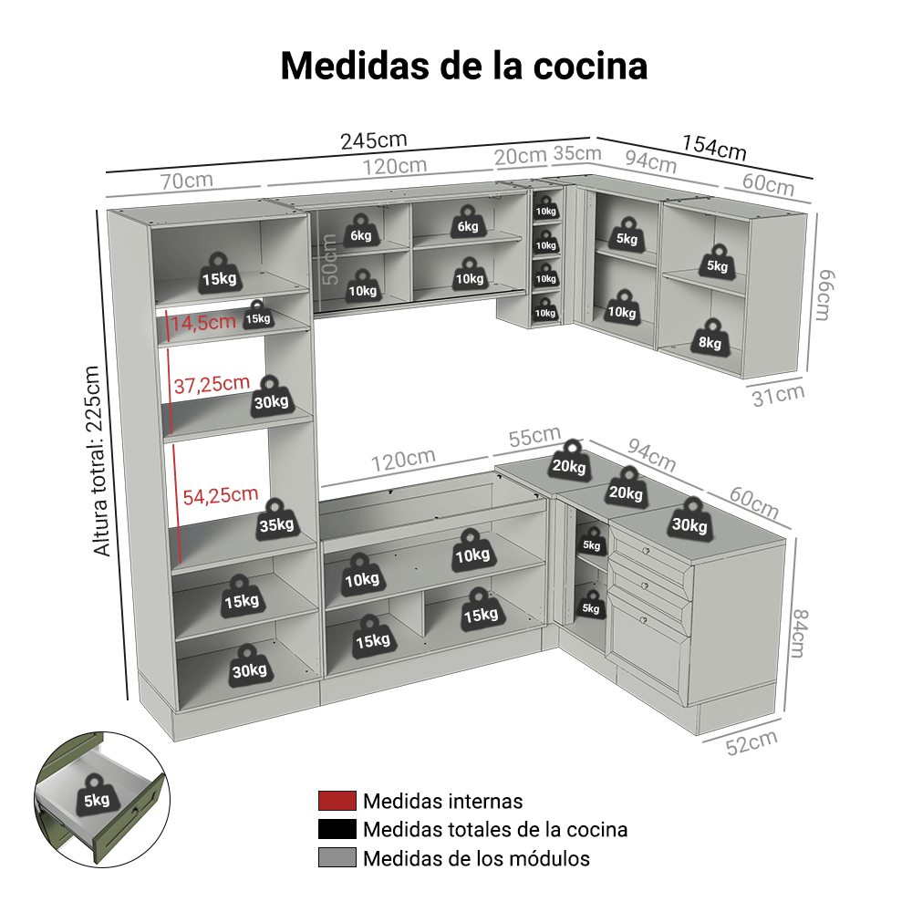 Cocina Esquinera 399 cm Vik Blanco/Verde 01