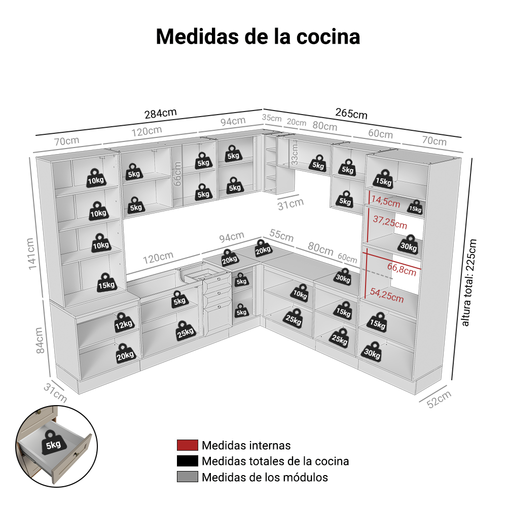 Combo completo de Cocina Esquinero 549 cm Marrón/Crema Vik Madesa 01