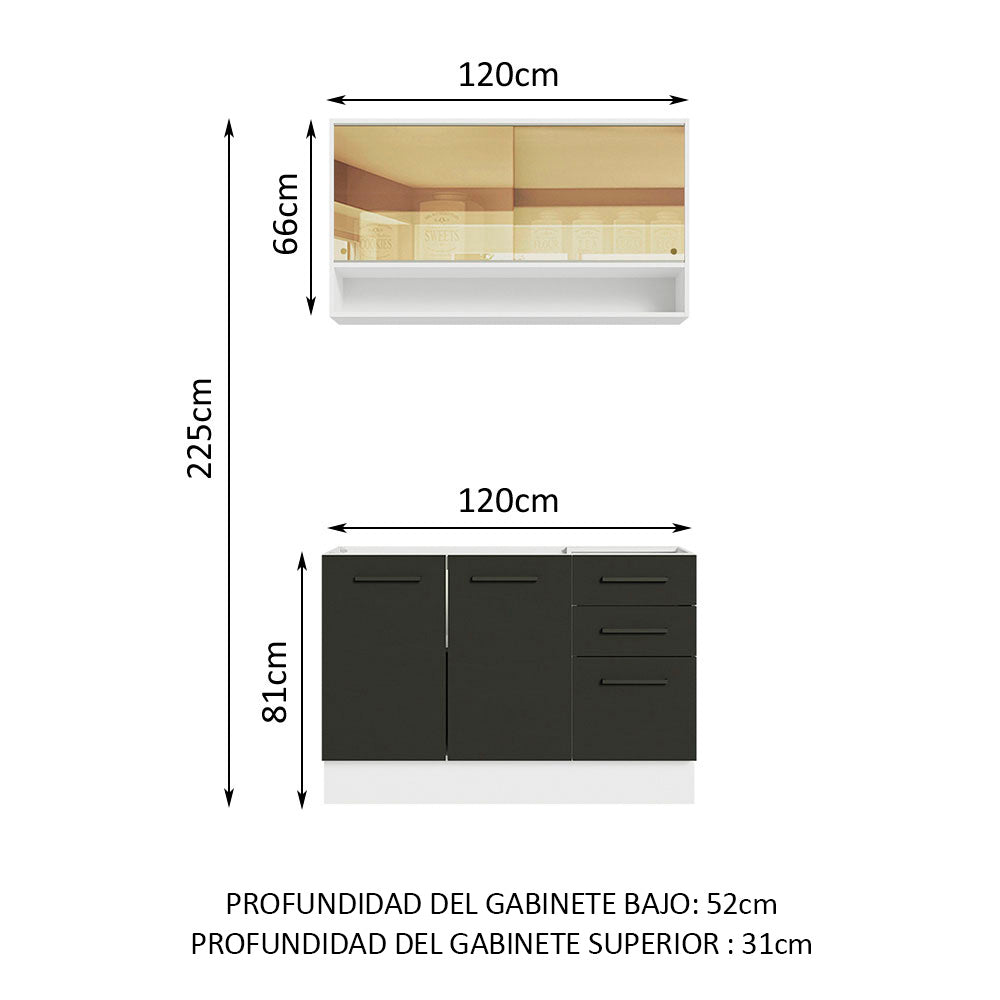 Cocina Compacta 120 cm 4 Puertas 3 Cajones Sin Mesada Blanco/Negro Agata Madesa