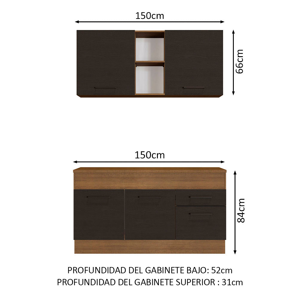 Cocina Compacta 150 cm 4 Puertas 2 Cajones Marrón/Negro Agata Madesa
